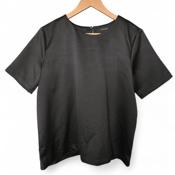 NWT Ann Taylor Satin Top Women's Black Short Sleeve Keyhole Button Back Office M - Picture 1 of 5